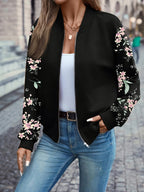 Floral Print Zip Up Jacket Women's Baseball Collar Long Sleeve Spring Fall Lightweight Coat Casual Outerwear Black S M L XL XXL