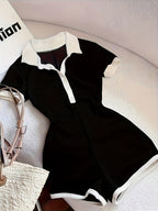 Women Color Block Bodysuit Y2K Lapel Collar Casual Stretch Fitted One Piece Top Black XS S M L XL XXL