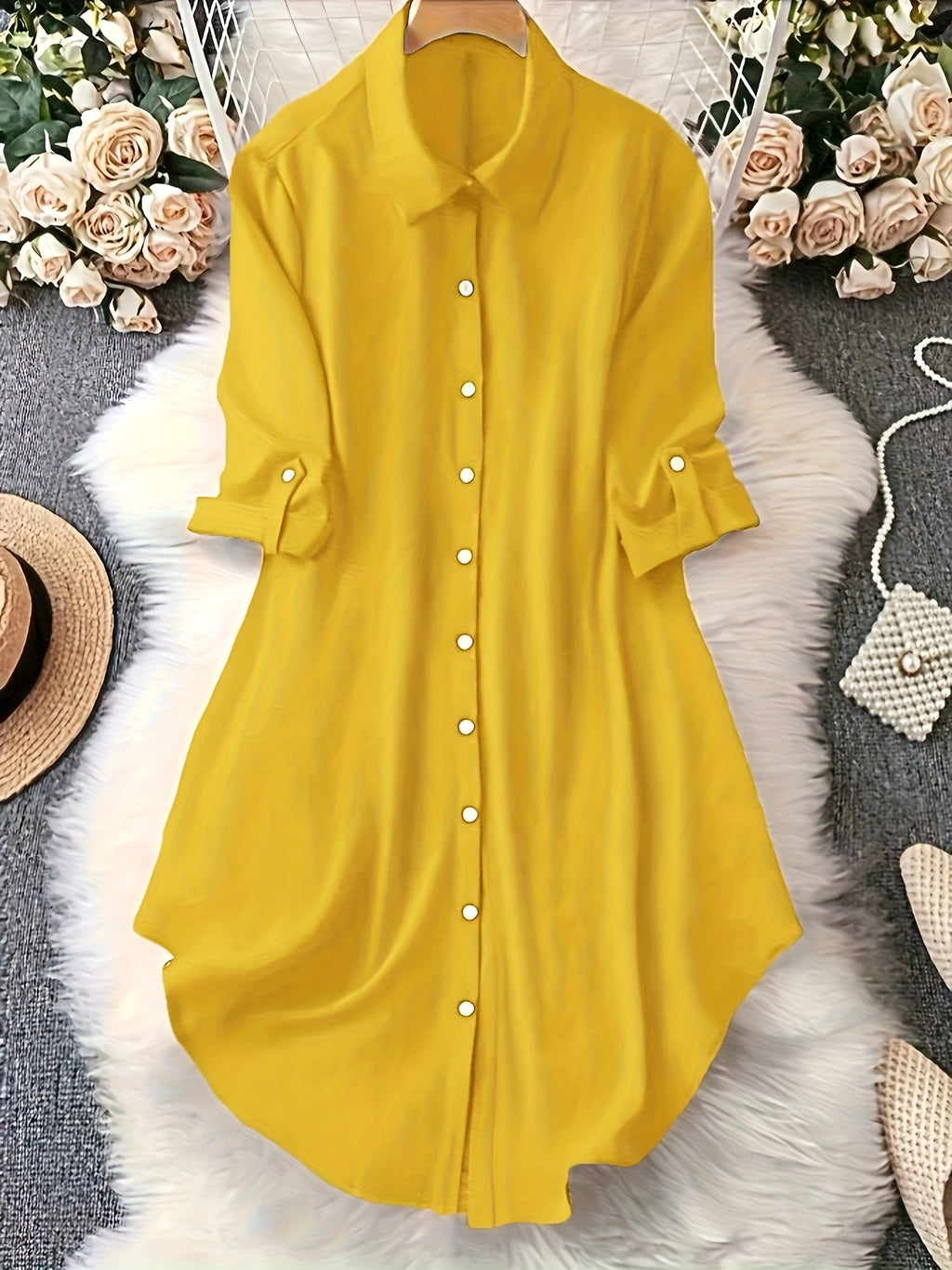 Women's Casual Lapel Shirt Solid Color Mid-sleeve Blouse All Season Versatile Loose Fit Button Down Top for Women