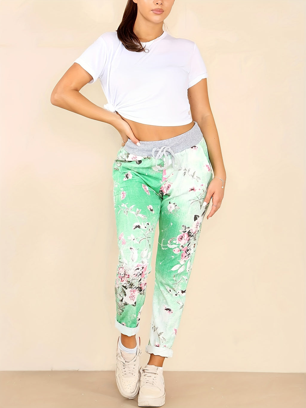 Floral Print Drawstring Capri Pants for Women - Boho Cropped Pants with Stretch Fabric, Spring Summer Fall, S-XXL
