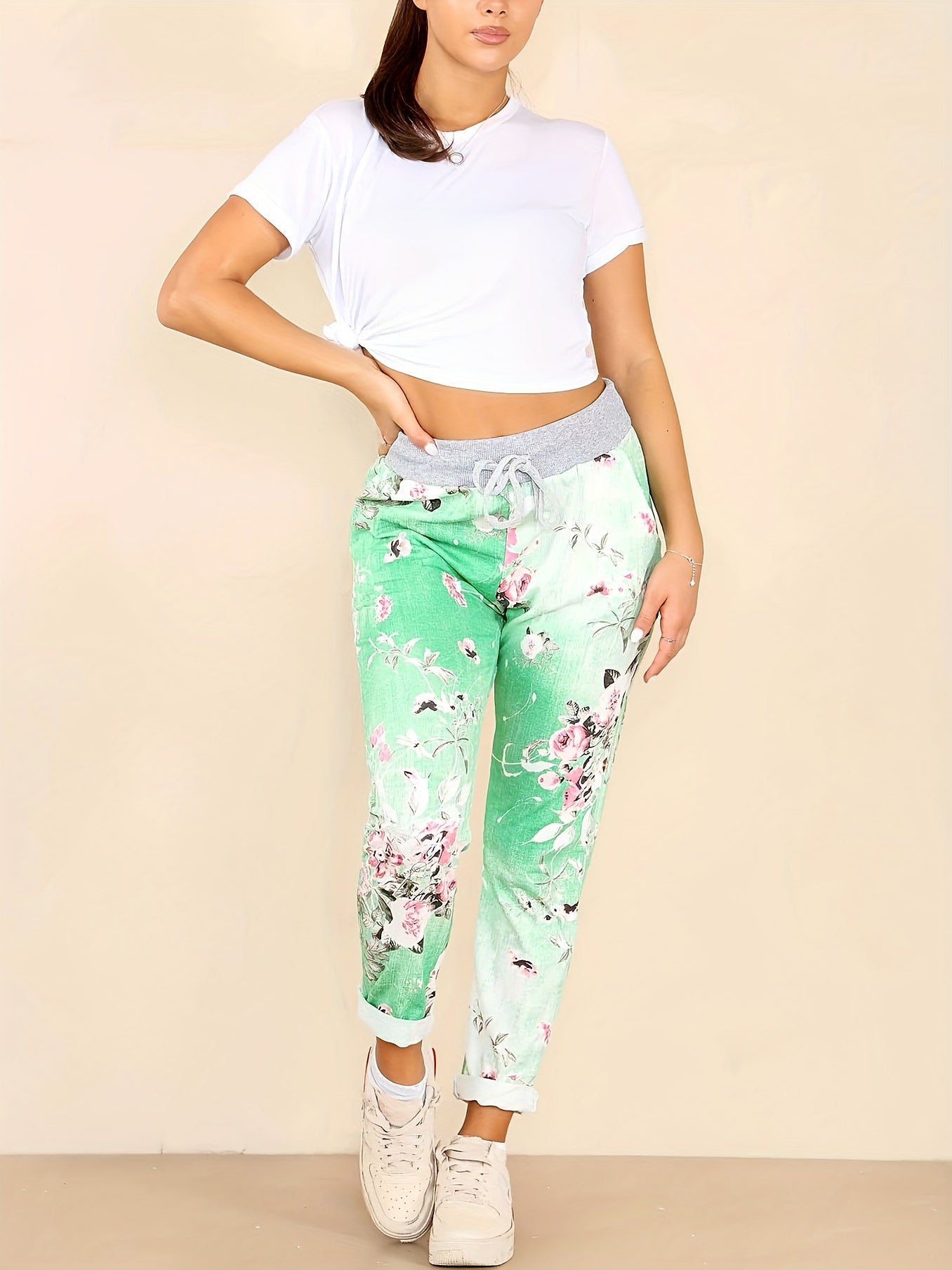 Floral Print Drawstring Capri Pants for Women - Boho Cropped Pants with Stretch Fabric, Spring Summer Fall, S-XXL