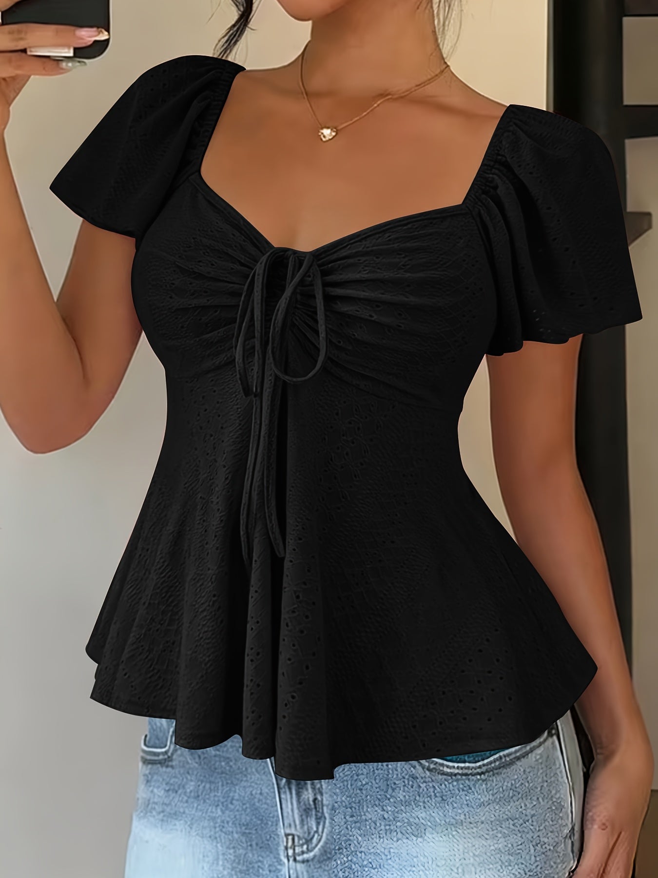 Women's Y2K Jacquard V-Neck Drawstring T-Shirt – Solid Color Short Sleeve Breathable Elegant Top for Spring & Summer