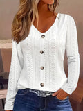 Women's Eyelet Solid V-Neck Button-Front Long Sleeve Blouse | Semi-Sheer Stretch Knit Casual Layering Top for Spring Summer Fall
