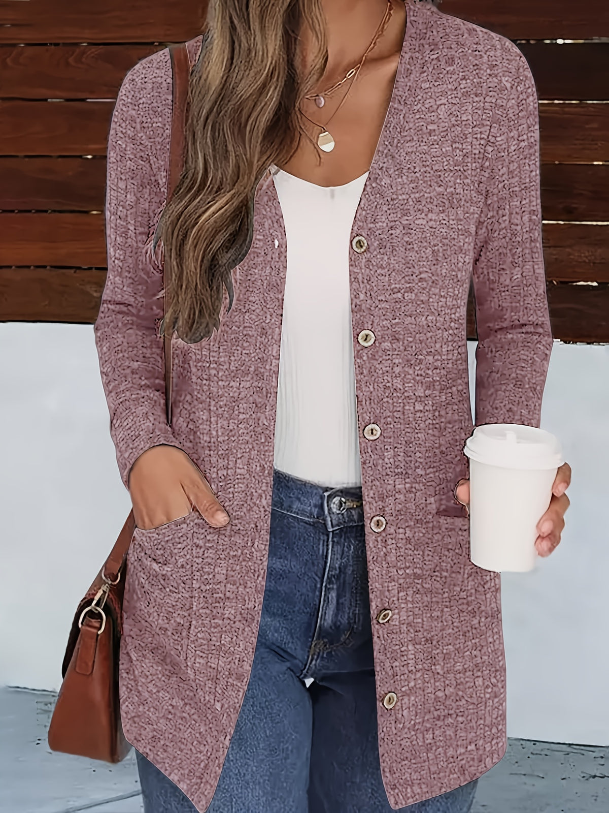 Women's V-Neck Cardigan Coat Buttoned Knit Cardigan with Pockets Solid Color Fall Winter Sweater Coat S-XXL