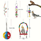 Parrot Toy Combo Set - Bird Cage Swing Perch Rod & Chewing Toys Bundle for Parrots Parakeets Cockatiels Budgies Lovebirds - Bird Cage Enrichment Accessories Assorted Colors