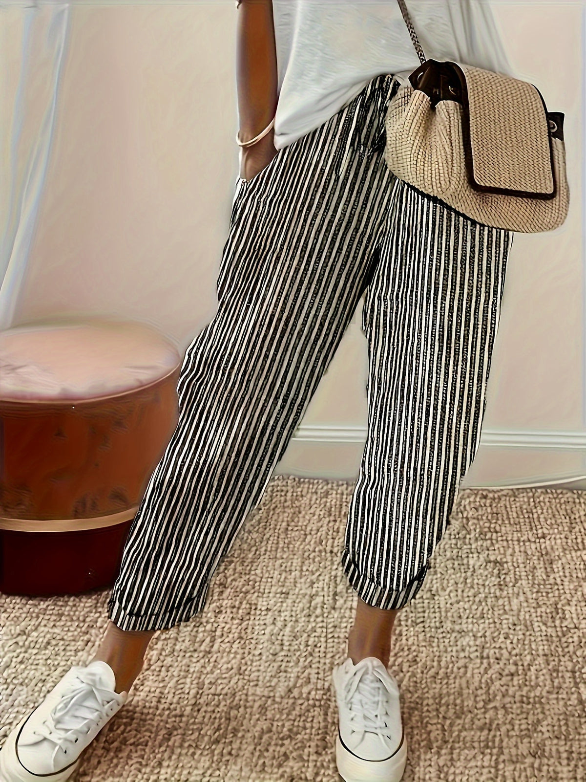 Women's Striped Casual Loose-Fit Ankle Pants - Relaxed Vacation Style Trousers with Pockets, Lightweight Polyester Fabric, Perfect for Summer Travel, Beach Outings & Everyday Wear | S-XXL