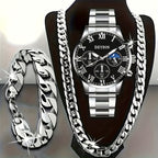 Men's Stainless Steel Chronograph Quartz Watch Set with Necklace & Bracelet – 3-Piece Business Analog World Time Jewelry Gift Set for Professional Formal Events