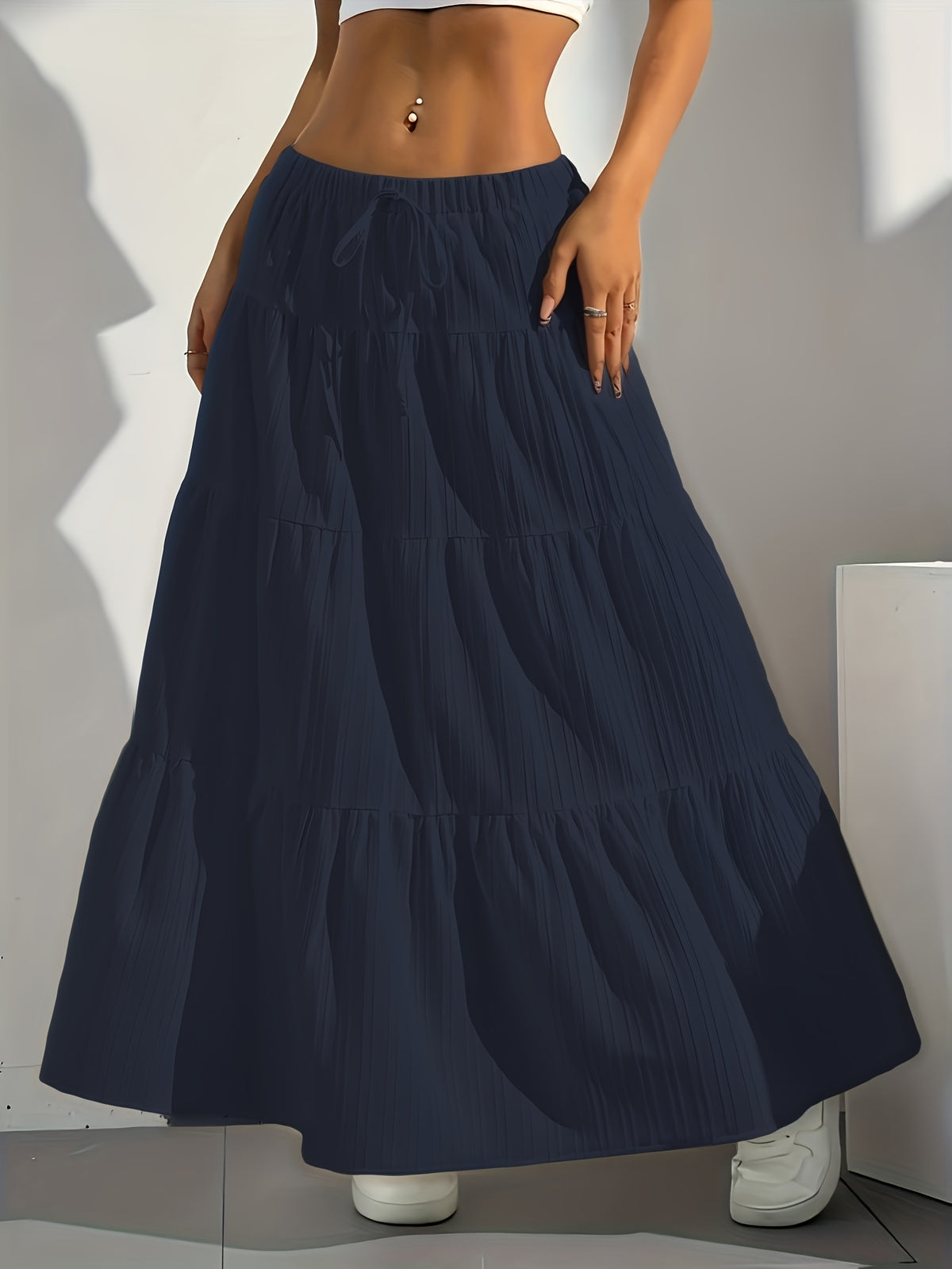 Women's Solid Color Tie-Back Flared A-Line Midi Skirt – Elegant Loose Swing Skirt Western Fashion Spring Summer Fall Casual Chic Half Skirt