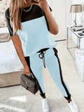 Women's 2 Piece Outfit Color Block Round Neck Short Sleeve T-Shirt and Long Pants Set Casual Elegant Matching Lounge Set
