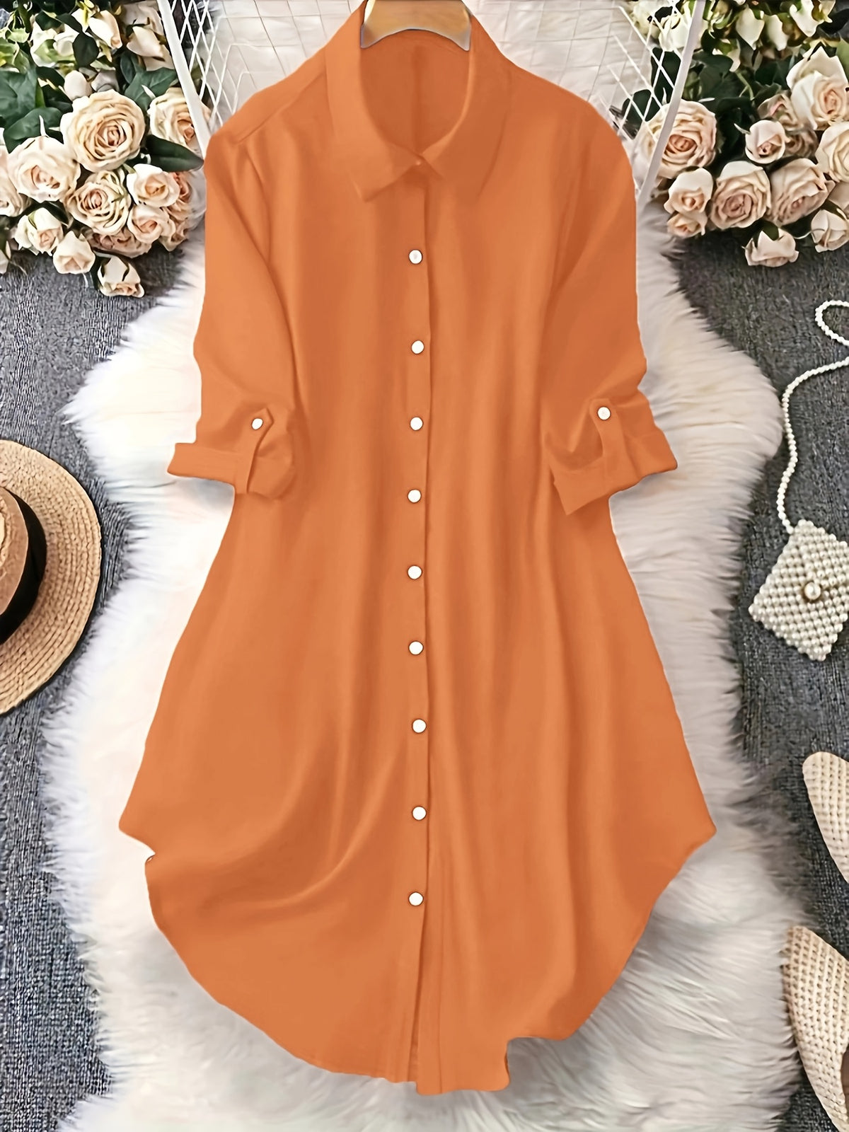 Women's Casual Lapel Shirt Solid Color Mid-sleeve Blouse All Season Versatile Loose Fit Button Down Top for Women