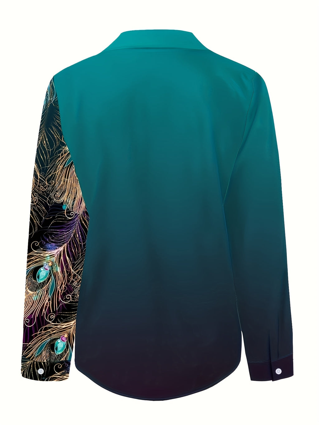 Women's Elegant Peacock Print Button-Front Blouse | Turquoise Gold Classic Collar Woven Polyester Shirt for Office Party All-Season Wear