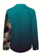 Women's Elegant Peacock Print Button-Front Blouse | Turquoise Gold Classic Collar Woven Polyester Shirt for Office Party All-Season Wear