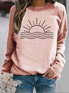 Sun Graphic Long Sleeve T-Shirt Women Round Neck Casual Top Fall Winter Polyester – Sunrise Print Positioning Graphic Tee Rust Color S-XXL