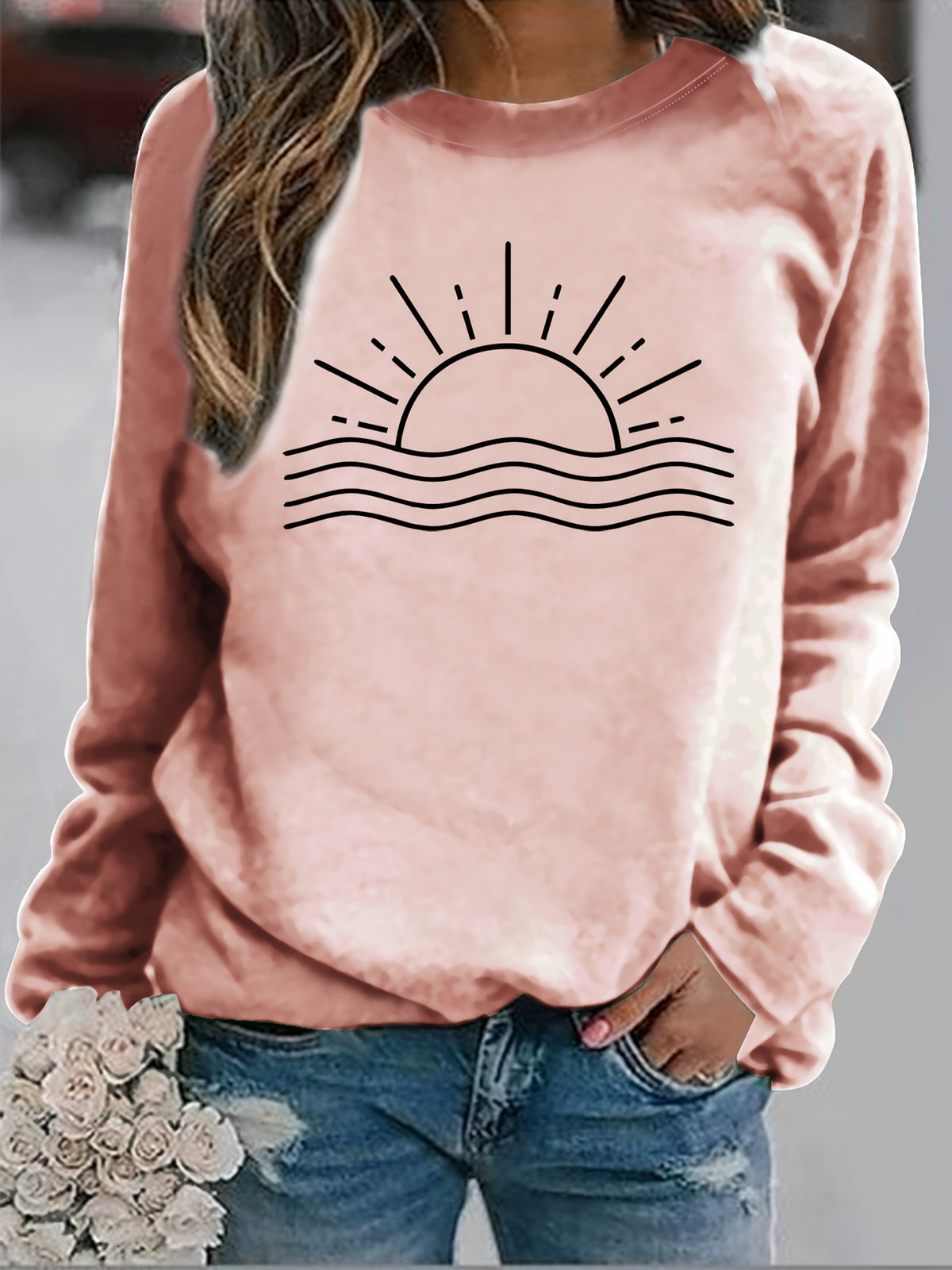 Sun Graphic Long Sleeve T-Shirt Women Round Neck Casual Top Fall Winter Polyester – Sunrise Print Positioning Graphic Tee Rust Color S-XXL