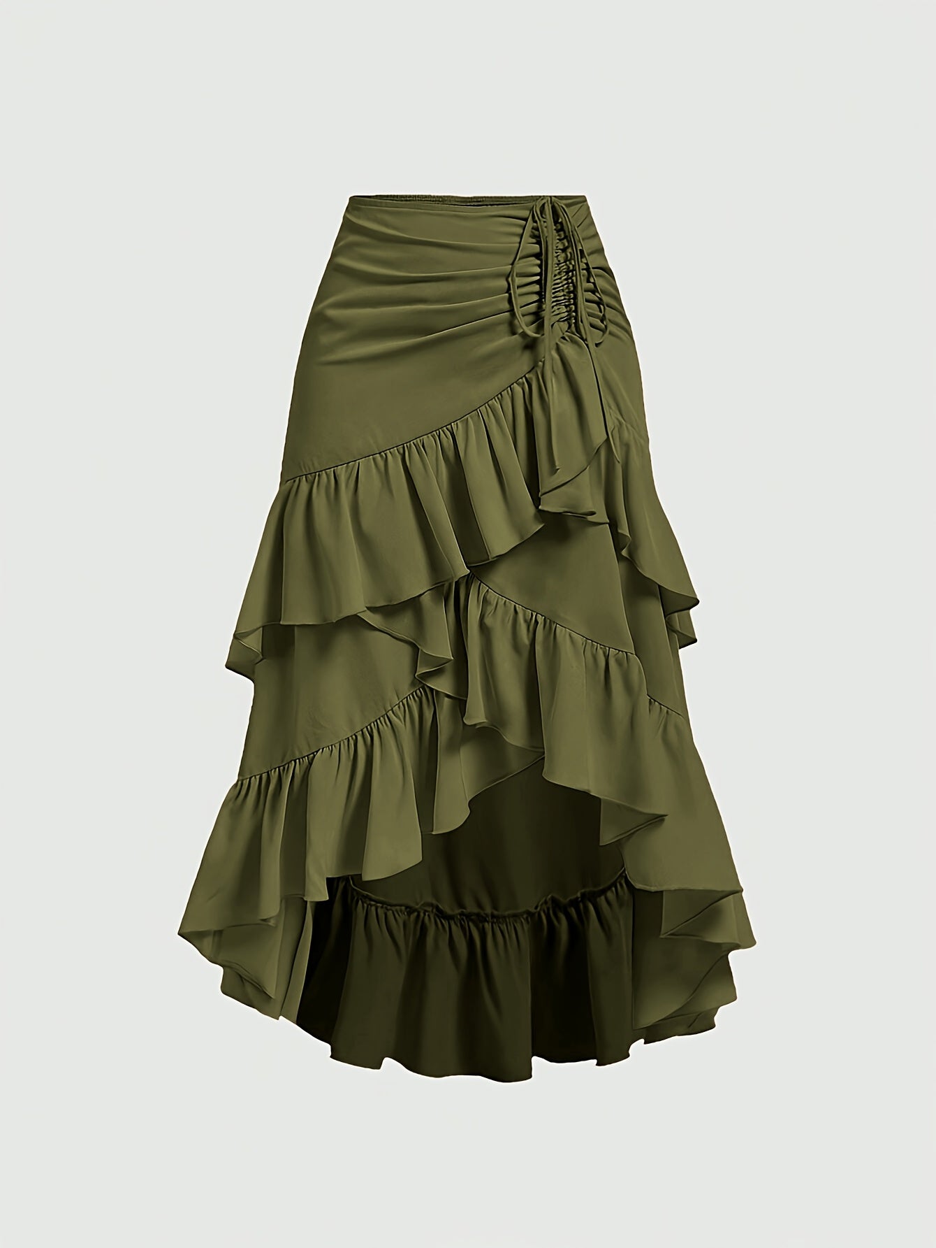 Women's Asymmetrical Pleated Hem Multi-Layer Midi Skirt – Flowy Chiffon-Style 100% Polyester Spring Fall Fashion Tiered Ruffle Swing Skirt