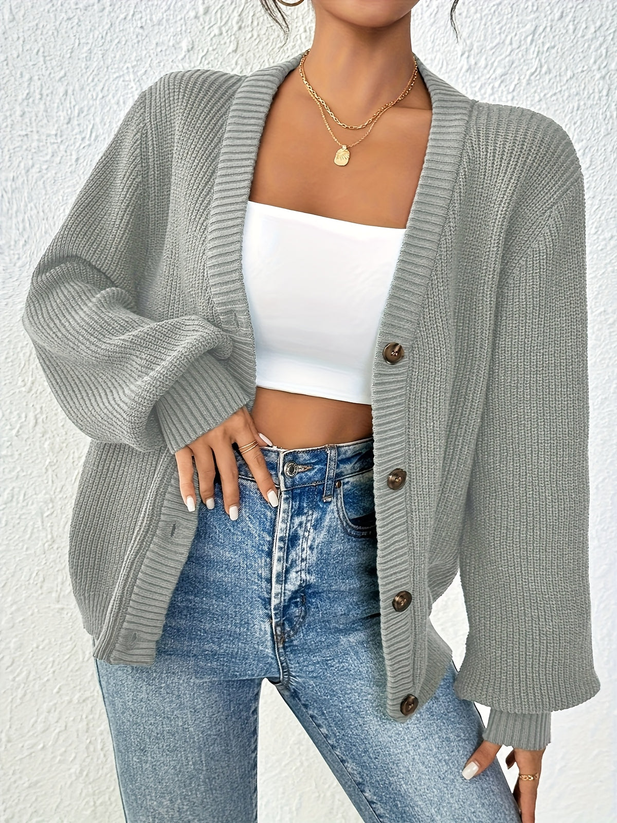 Women's Chunky Ribbed Knit Button Cardigan V-Neck Open Front - Oversized Drop Shoulder Sweater Jacket, Soft Stretchy Warm Fall Winter Cardigan in 5 Colors XS-XL