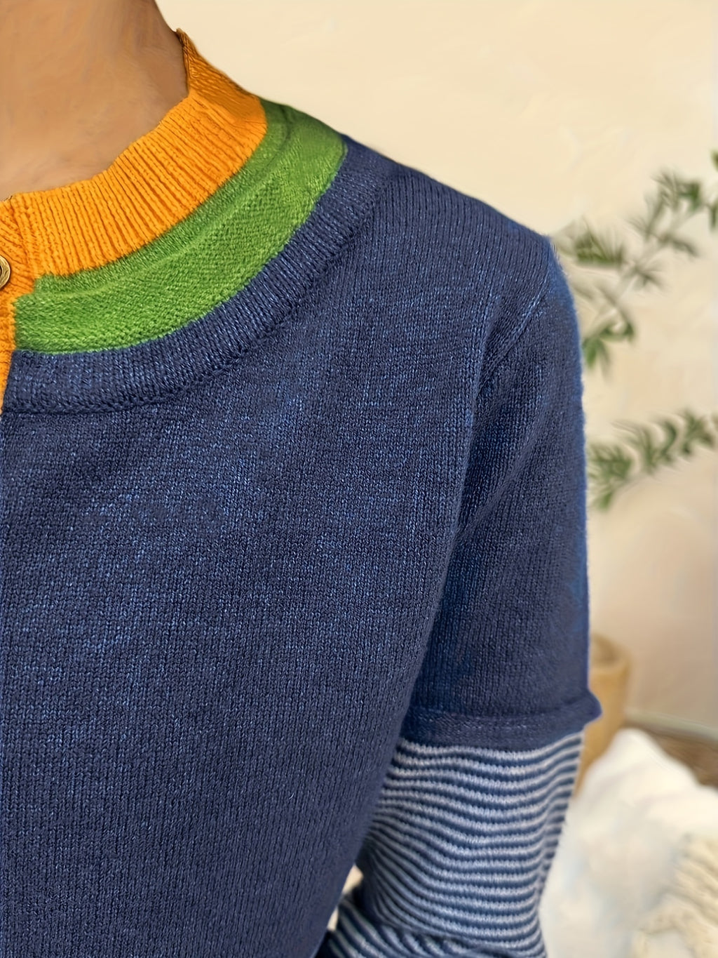 Women's Y2K Striped Color Block Pullover Sweater Crew Neck Button Detail | Casual Fall Winter Asymmetrical Knit Top Navy S M L XL XXL