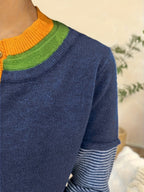 Women's Y2K Striped Color Block Pullover Sweater Crew Neck Button Detail | Casual Fall Winter Asymmetrical Knit Top Navy S M L XL XXL