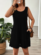 Women's Sleeveless Romper with Pockets - Loose Fit Round Neck Knit Jumpsuit for Spring Summer Fall in Black XS-XXL