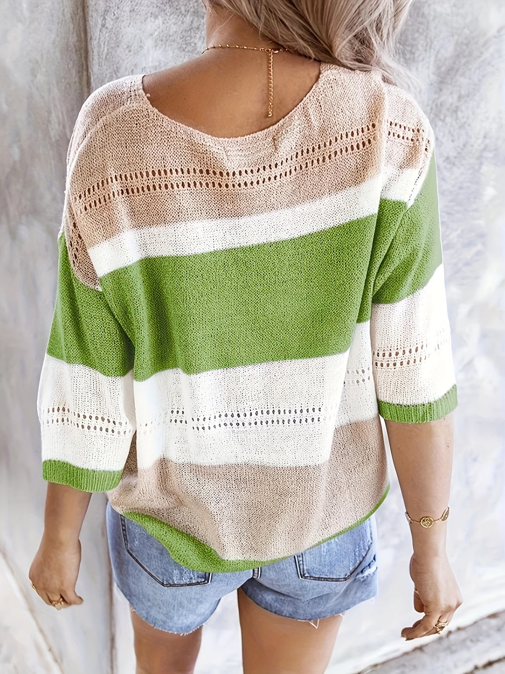 Women's V-Neck Hollow Out Off Shoulder Top Colorblock Stripe Knit Shirt - Casual Summer Blouse for Daily Wear Beach Vacation