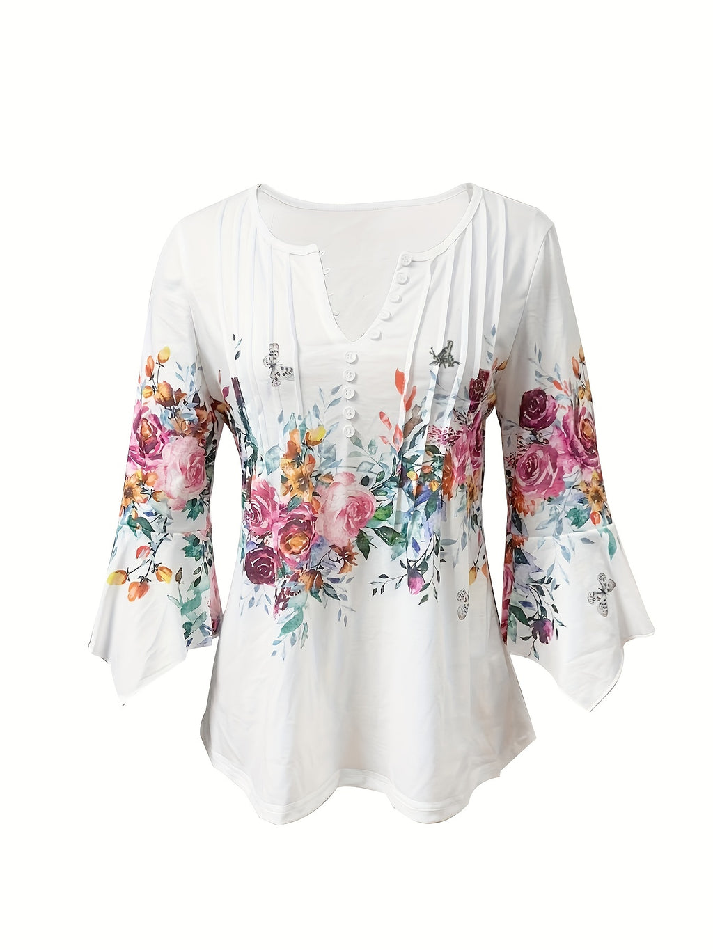 Floral Print Button Front Blouse Women Notched V-Neck Spring Summer Top 95% Polyester Vintage Casual Shirt S-XXL