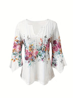 Floral Print Button Front Blouse Women Notched V-Neck Spring Summer Top 95% Polyester Vintage Casual Shirt S-XXL