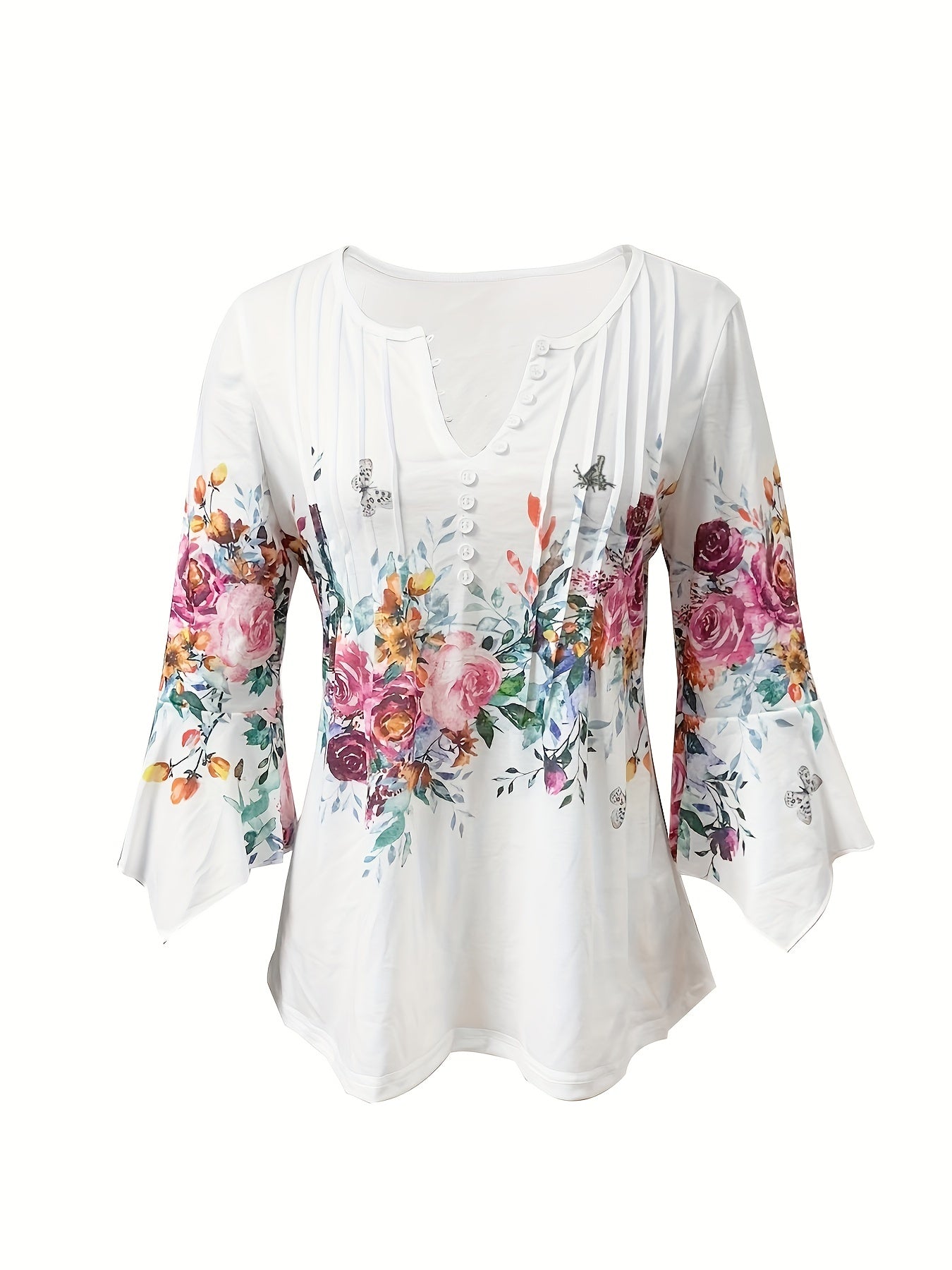 Floral Print Button Front Blouse Women Notched V-Neck Spring Summer Top 95% Polyester Vintage Casual Shirt S-XXL