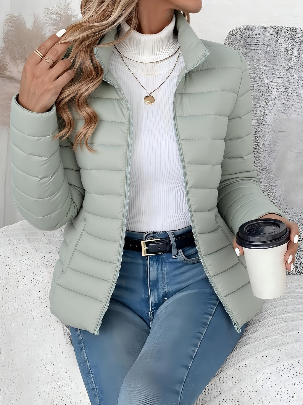 Women's Quilted Puffer Jacket Lightweight Padded Coat Stand Collar Zip Up Cropped Outerwear Fall Winter Slim Fit