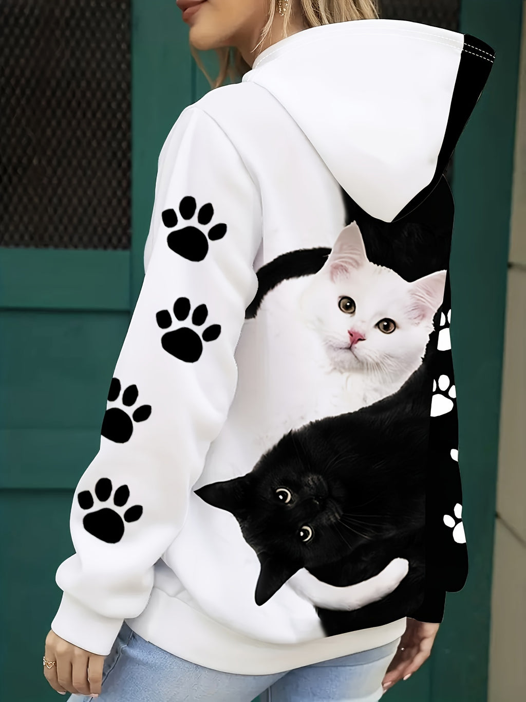 Women's Cute Cat Print Hoodie Casual Long Sleeve Pullover Sweatshirt Graphic Kawaii Animal Hoodie Machine Washable S-XXL White