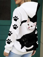 Women's Cute Cat Print Hoodie Casual Long Sleeve Pullover Sweatshirt Graphic Kawaii Animal Hoodie Machine Washable S-XXL White