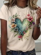 Floral Heart Print T-Shirt Women Watercolor Flower Graphic Tee Short Sleeve Crew Neck Loose Casual Top Spring Summer Off-White S-XXL