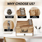 Large Solid Wood Desktop Mail Organizer with Drawer and 4 Compartments Labelable Dividers for Files Letters Paper Folders Desk Organizer for Home Office Students and Professionals