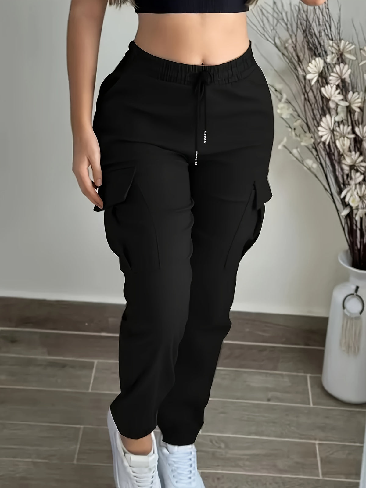 Women's Drawstring Waist Cargo Pants with Pockets - Solid Color Woven Polyester Casual Long Pants for Weekend Outdoor Wear
