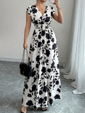 Women's Pink Floral Maxi Dress - V-Neck Short Sleeve Cinched Waist A-Line | Elegant Casual Formal Spring Fall Flowing Dress New Arrival