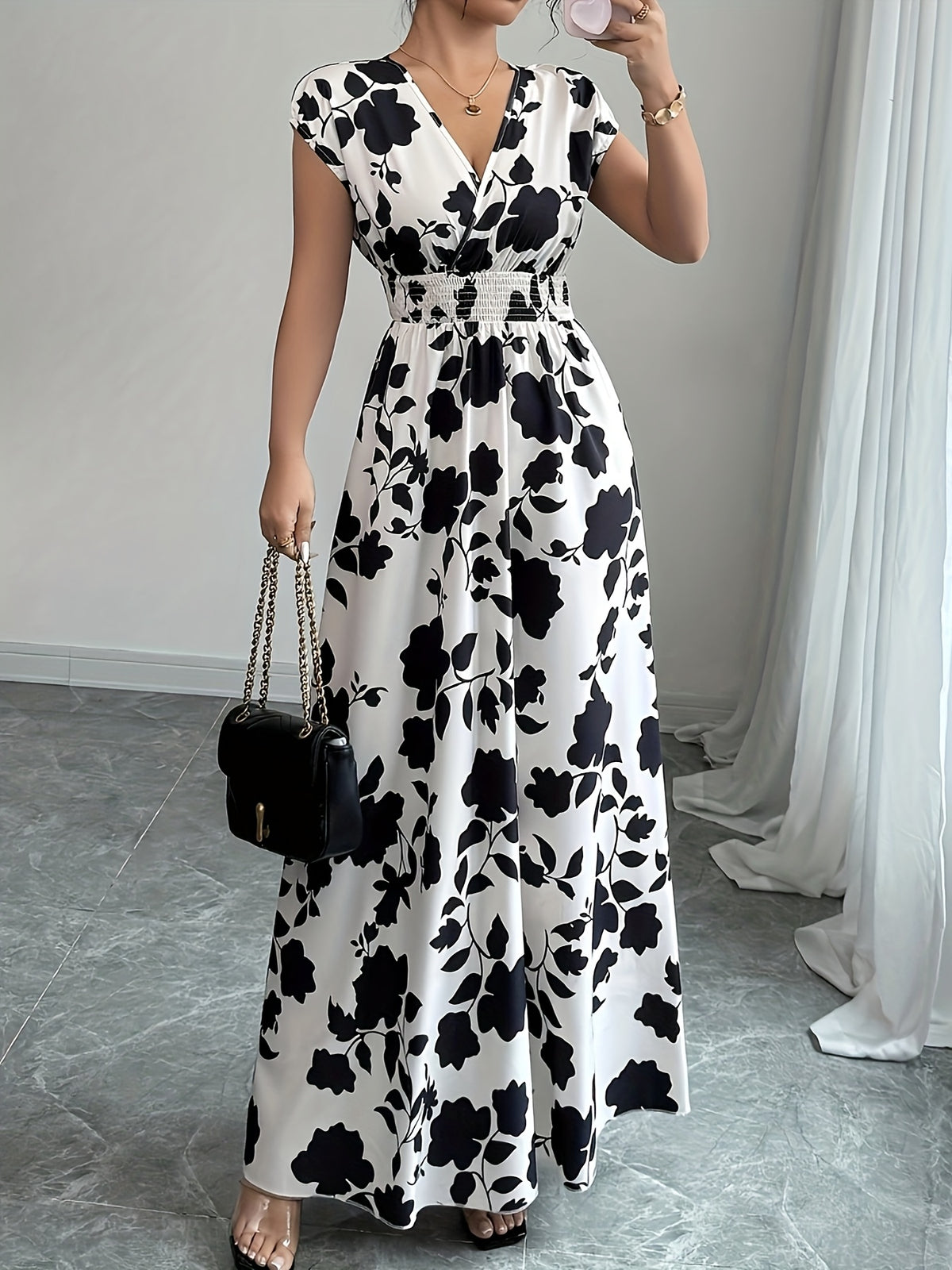 Women's Pink Floral Maxi Dress - V-Neck Short Sleeve Cinched Waist A-Line | Elegant Casual Formal Spring Fall Flowing Dress New Arrival