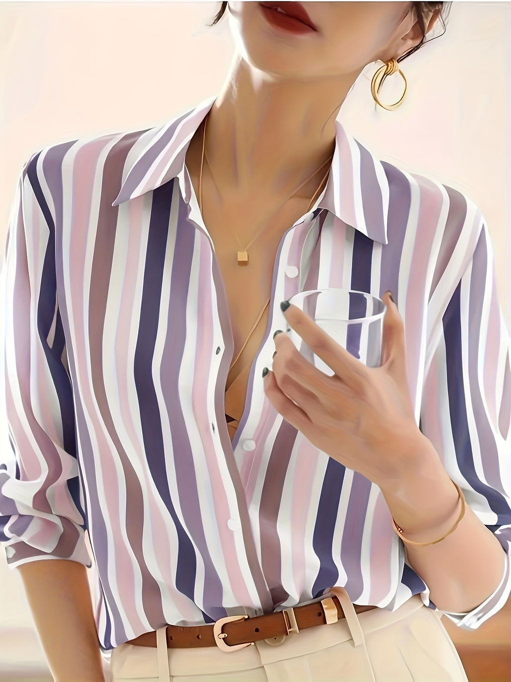 Women's Casual Striped Button-Up Shirt | Classic Lapel Long Sleeve Top for Spring Summer Autumn | Elegant Fashion Blouse for Women | Versatile Casual & Office Wear Clothing