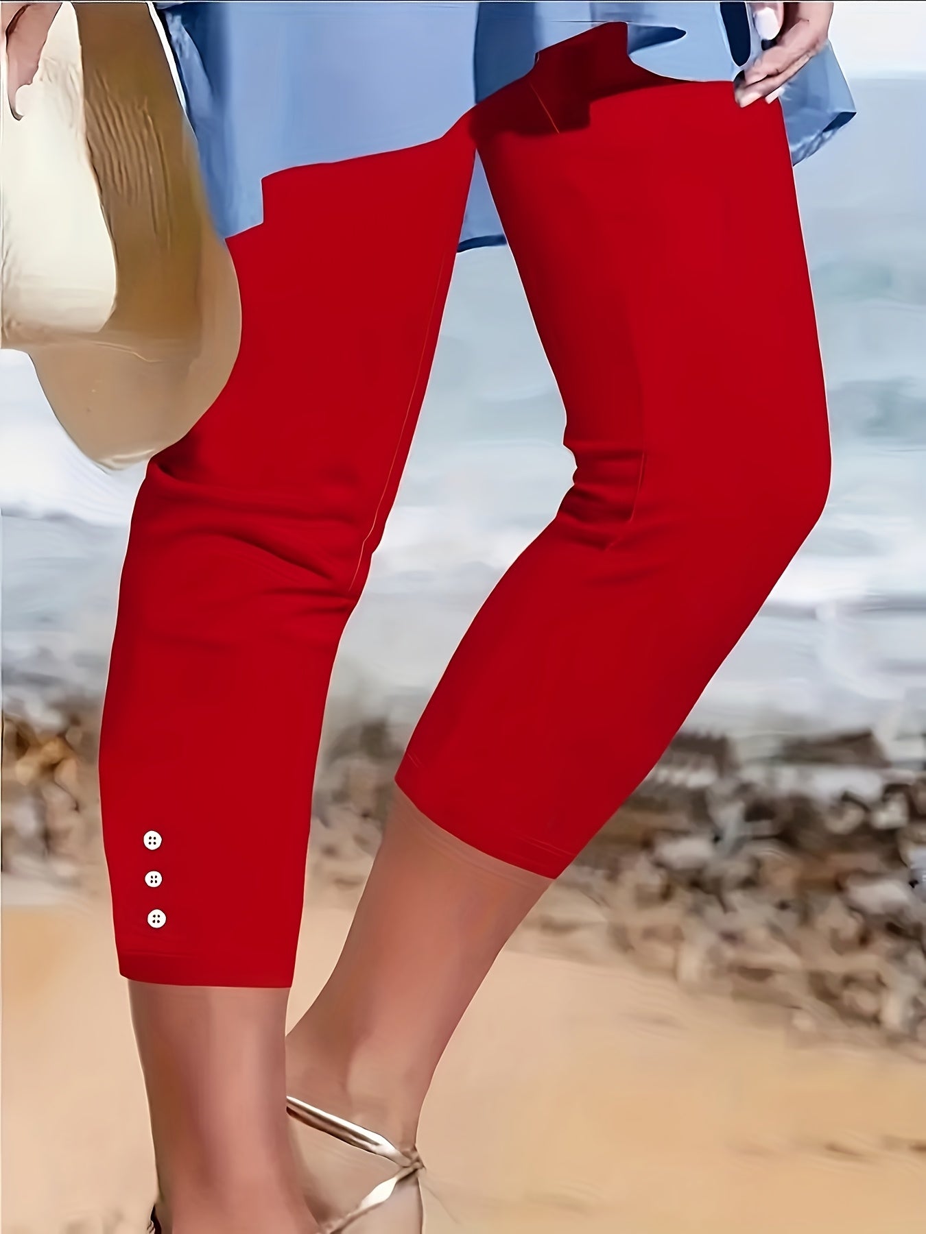 Women's Capri Pants Solid Color Stretchy Button-Front Elastic Waist Three-Quarter Length Trousers Casual Dressy Spring Summer Machine Washable S M L XL XXL