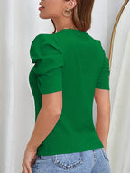 Women's Puff Sleeve T-Shirt - Elegant Ruffled Shoulder Round Neck Short Sleeve Solid Color Casual Top, Regular Fit All-Season Machine Washable Blouse, Green Red Blue, Sizes S-XXL, Versatile Everyday Wear
