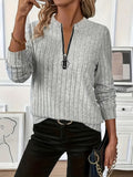 Women's Zip-Up Sweatshirt Ribbed Knit Pullover – Solid Color Casual Fall Winter Top, Soft Breathable Fabric, Round Neck, Sizes S-XXL, 7 Colors