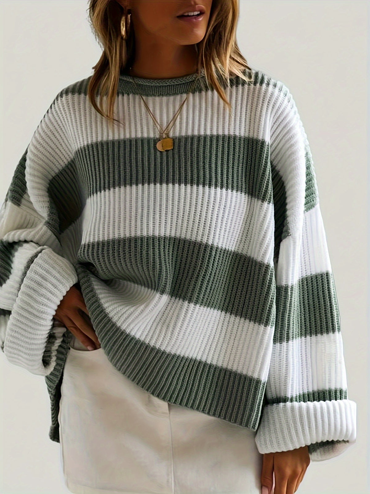 Women's Loose V-Neck Off-Shoulder Pullover Sweater Casual Lazy Style Knit Top Green Black Grey Navy Purple Linen S M L XL XXL