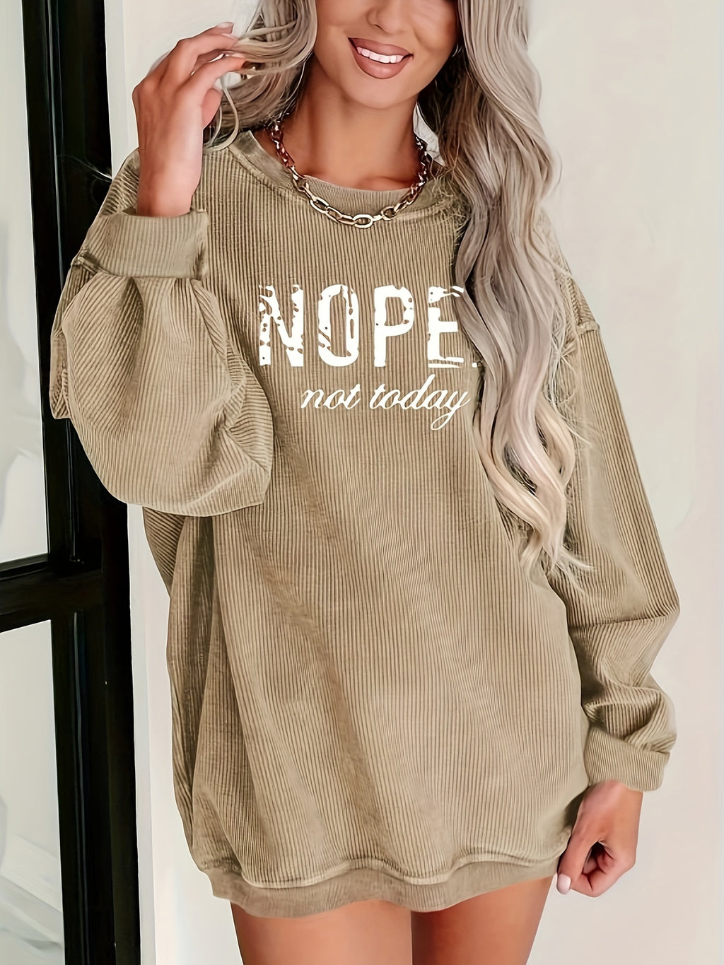 NOPE Printed Long Sleeve Top Women Crew Neck Graphic Shirt Casual Pullover S M L XL XXL Khaki Pink Letter Print