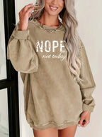 NOPE Printed Long Sleeve Top Women Crew Neck Graphic Shirt Casual Pullover S M L XL XXL Khaki Pink Letter Print