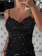 Women's Sequin Rhinestone Strap Cami Top Sexy V-Neck Sleeveless Tank Top Glam Party Night Out Going Out Tops Spring Summer Fall S M L XL XXL