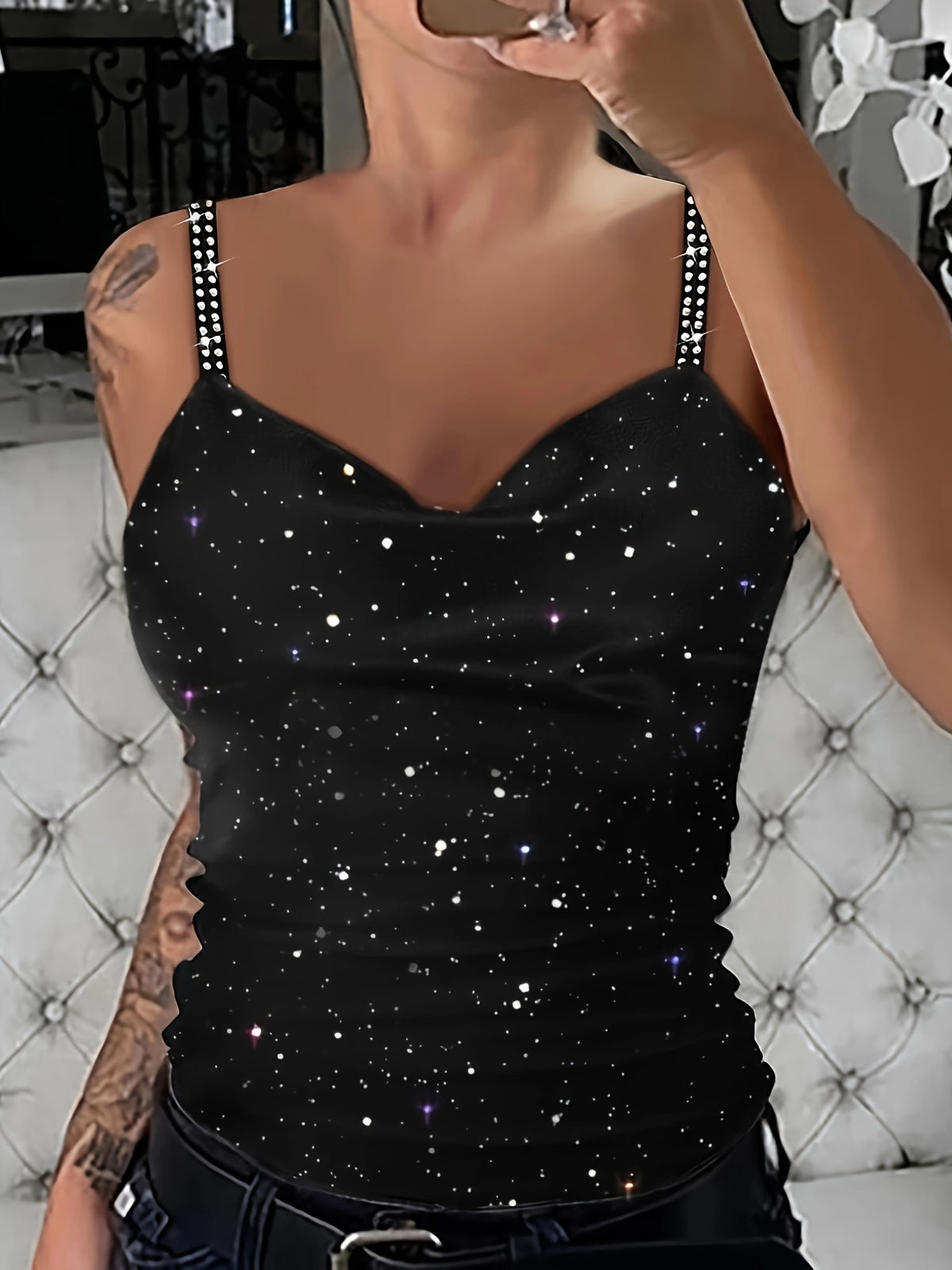 Women's Sequin Rhinestone Strap Cami Top Sexy V-Neck Sleeveless Tank Top Glam Party Night Out Going Out Tops Spring Summer Fall S M L XL XXL
