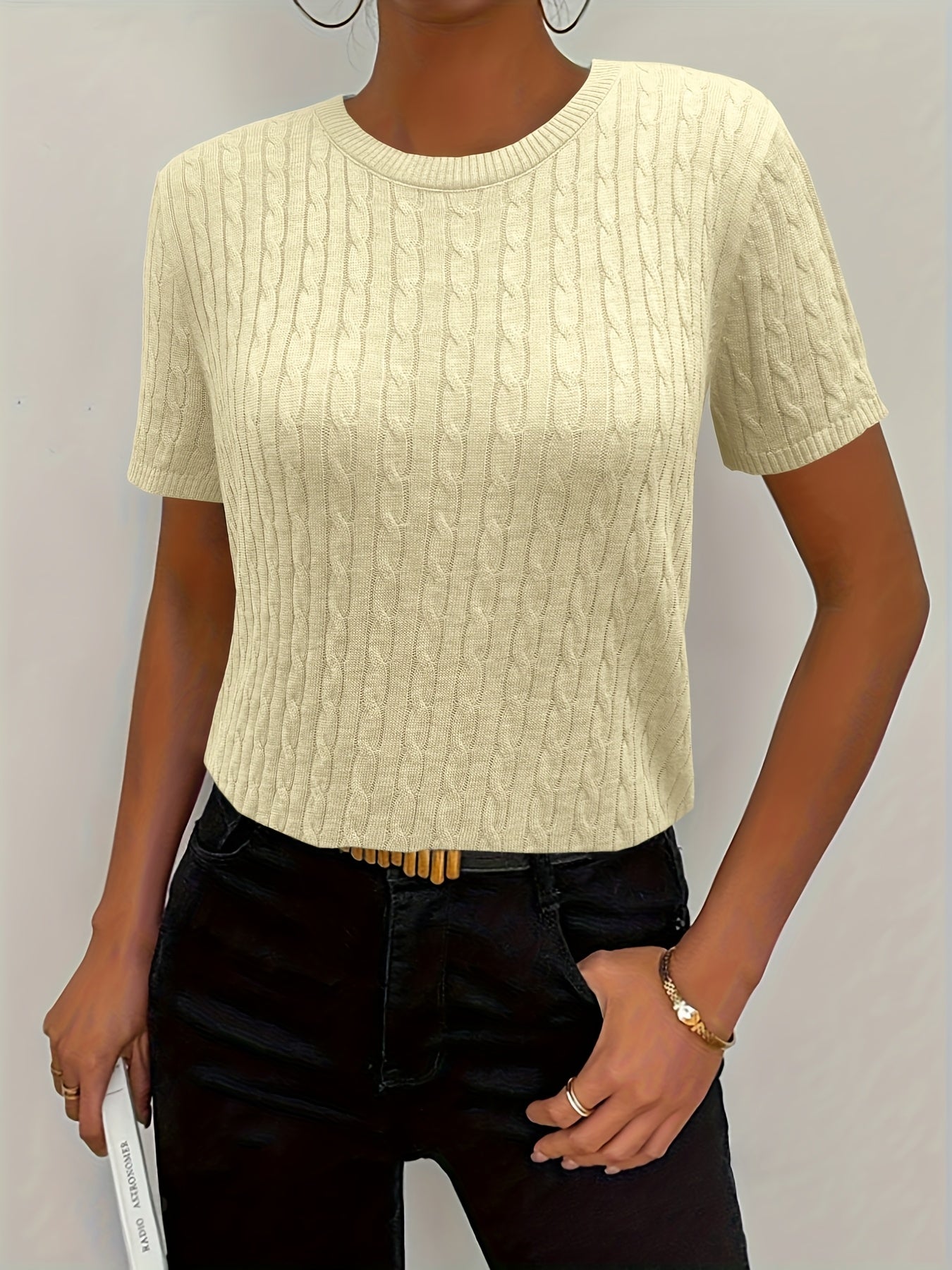 Women's Ribbed Knit Short Sleeve Pullover Top | Crew Neck Minimalist Casual Summer T-Shirt Versatile Stretch Comfort
