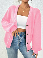 Women's Chunky Ribbed Knit Button Cardigan V-Neck Open Front - Oversized Drop Shoulder Sweater Jacket, Soft Stretchy Warm Fall Winter Cardigan in 5 Colors XS-XL