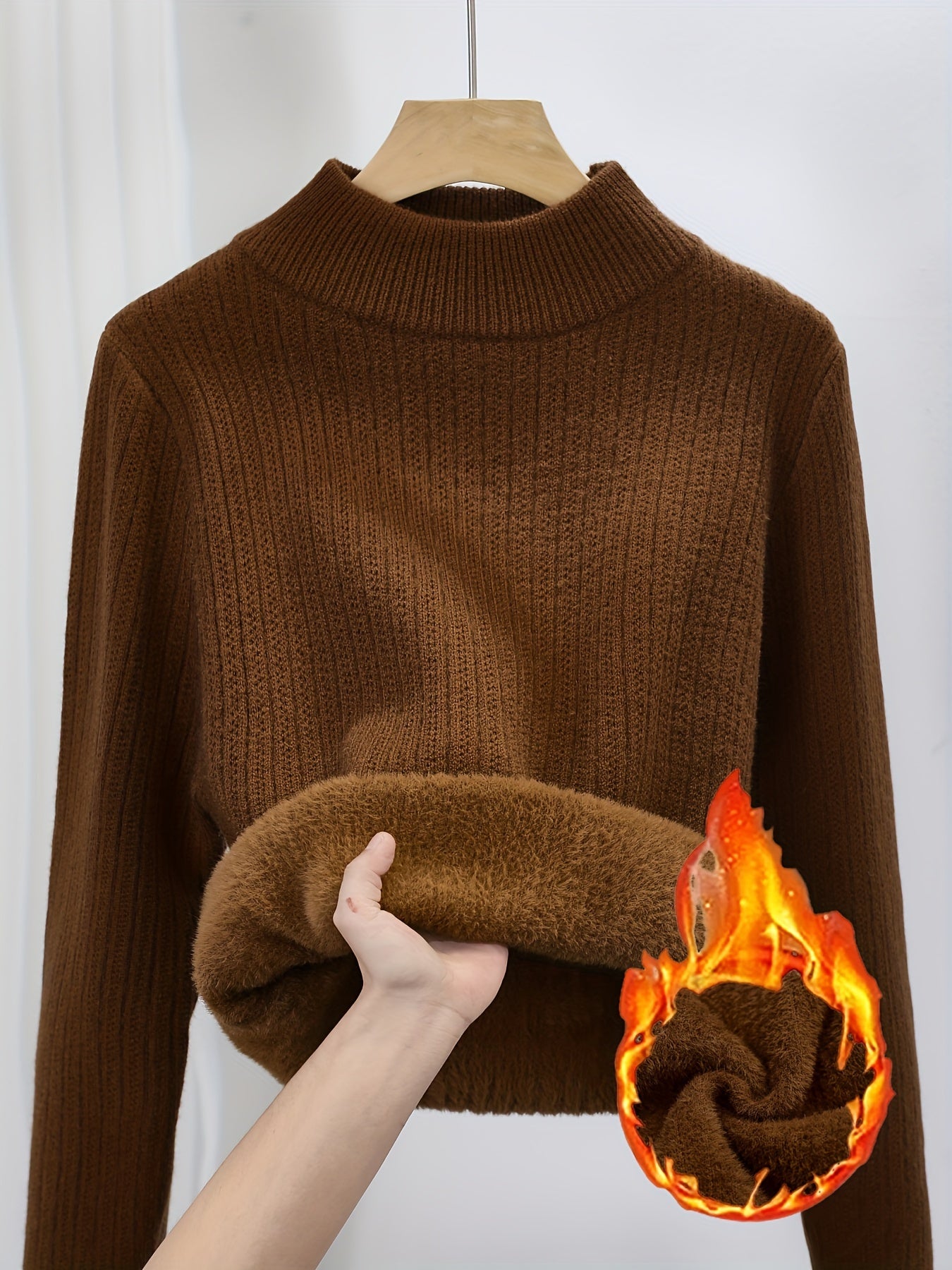 Women's Fleece Lined Turtleneck Sweater Thick Warm Pullover - Semi-High Neck Seamless Knit Sweater Fall Winter Inner Layer Top, 11 Colors S-XL