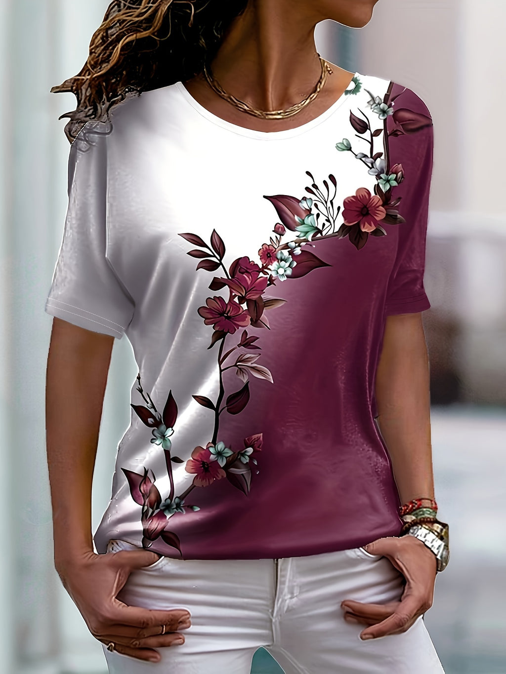Women's Floral Print Short Sleeve T-Shirt Round Neck Slim Fit Color Block Casual Top Summer Trendy Streetwear S M L XL XXL