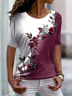 Women's Floral Print Short Sleeve T-Shirt Round Neck Slim Fit Color Block Casual Top Summer Trendy Streetwear S M L XL XXL