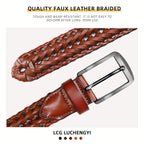 Men's Leather Braided Belt – Woven Hollow Design with Gold Zinc Alloy Buckle, Casual Dress Belt for Golf Pants Jeans Everyday Wear, Sizes 34" to 50", Great Gift for Dad